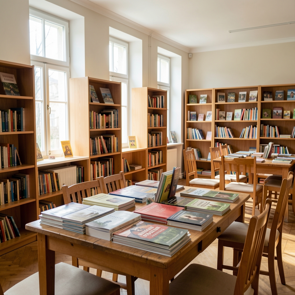 Светла едукативна читаоница са дрвеним намештајем, отвореним публикацијама на столу и природним дифузним светлом кроз велике прозоре