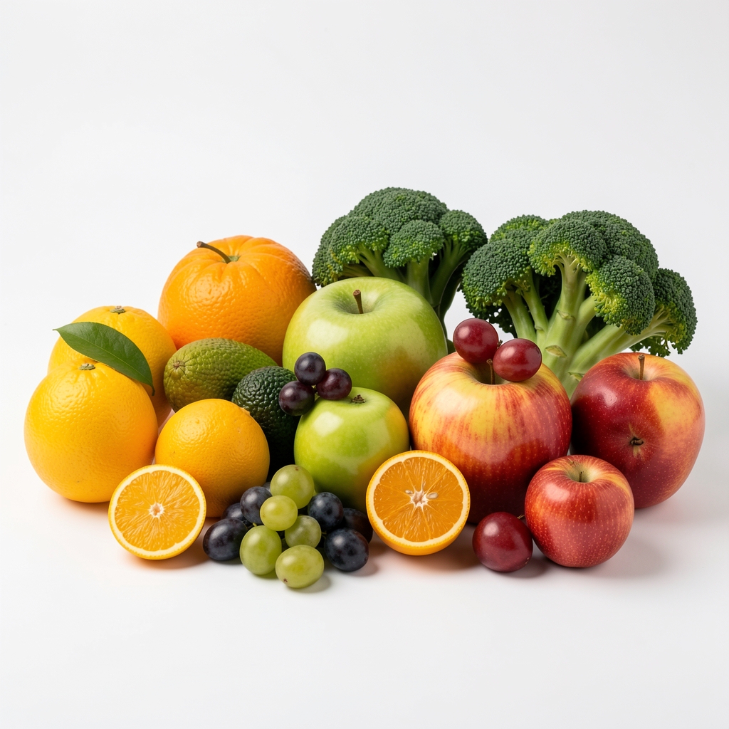 Разноврсне свеже намирнице богате витаминима на белој позадини у студијском природном светлу, поврће и воће у нагласима жуте, зелене и наранџасте боје