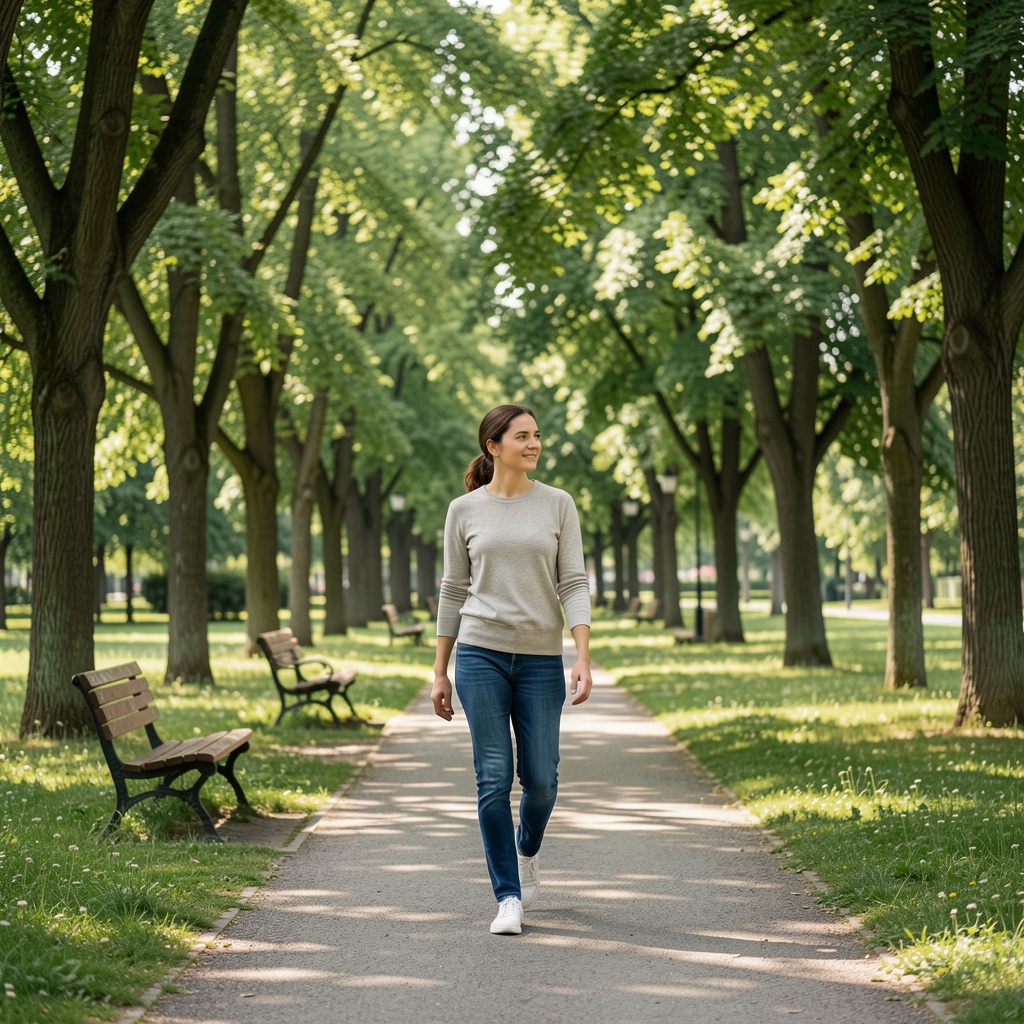 Особа у мирном ходу кроз парк усред зеленила, природно дневно светло, опуштена рекреативна атмосфера без спортске опреме