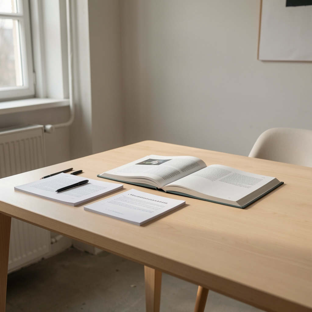 Отворене едукативне публикације и бележнице на светлом столу у тихом студиозном простору са природним бочним осветљењем